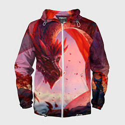 Ветровка с капюшоном мужская Дракон красный мифический, цвет: 3D-белый