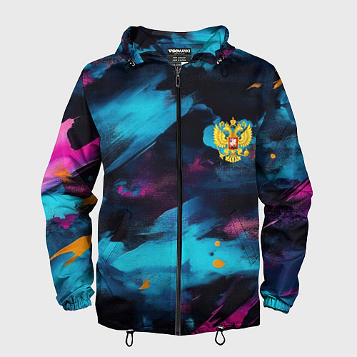 Мужская ветровка Герб РФ на текстурном камуфляже / 3D-Черный – фото 1