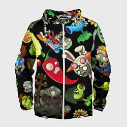Ветровка с капюшоном мужская Растения против зомби персонажи на черном, цвет: 3D-белый