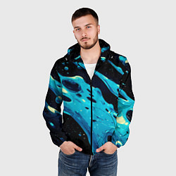 Ветровка с капюшоном мужская Синие волны краски на черном, цвет: 3D-черный — фото 2