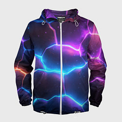Ветровка с капюшоном мужская Синие и фиолетовые молнии в разломе, цвет: 3D-белый