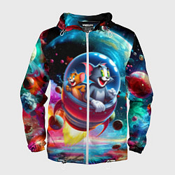 Ветровка с капюшоном мужская Том и Джерри летят в ракете - нейроарт, цвет: 3D-белый