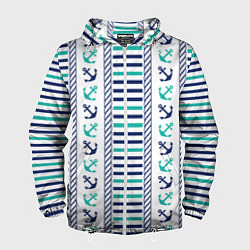 Ветровка с капюшоном мужская Морской орнамент с якорями и полосками, цвет: 3D-белый