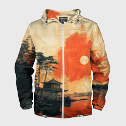 Ветровка с капюшоном мужская Рыбацкий дом на закате, цвет: 3D-белый