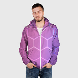Ветровка с капюшоном мужская Розовые неоновые соты, цвет: 3D-белый — фото 2
