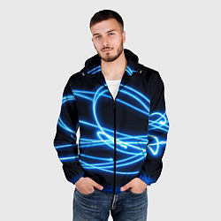 Ветровка с капюшоном мужская Неоновые голубые волны на черном фоне, цвет: 3D-черный — фото 2