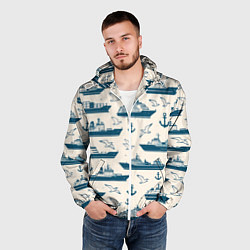 Ветровка с капюшоном мужская Морской паттерн из чаек, якорей и кораблей, цвет: 3D-белый — фото 2