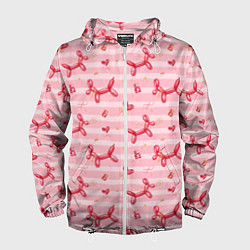 Ветровка с капюшоном мужская Красные шарики-собачки на розовых полосках, цвет: 3D-белый