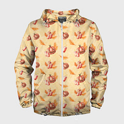 Ветровка с капюшоном мужская Хеллоуин с тыквой и листьями, цвет: 3D-белый