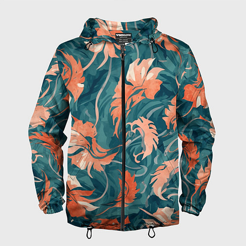 Мужская ветровка Рыже-бирюзовый паттерн с осенними листьями, AI / 3D-Черный – фото 1