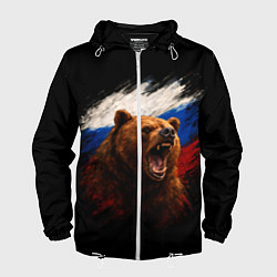 Ветровка с капюшоном мужская Медведь на фоне триколора, цвет: 3D-белый
