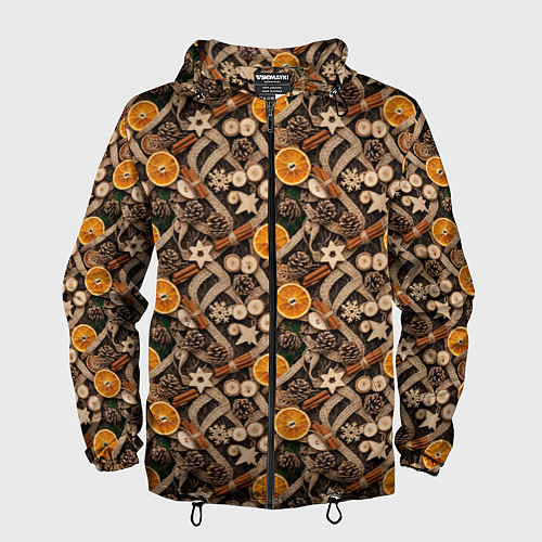 Мужская ветровка Новогодний орнамент с корицей и дольками апельсина / 3D-Черный – фото 1