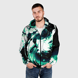Ветровка с капюшоном мужская Чёрно-зелёный абстракция волна, цвет: 3D-черный — фото 2