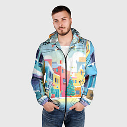 Ветровка с капюшоном мужская Разноцветный новогодний дворик, цвет: 3D-черный — фото 2