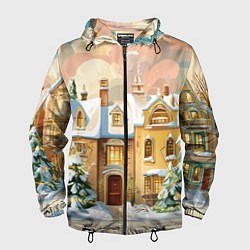 Ветровка с капюшоном мужская Новогодний город, цвет: 3D-черный