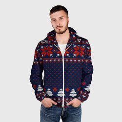 Ветровка с капюшоном мужская Новогодний вязаный узор, цвет: 3D-белый — фото 2