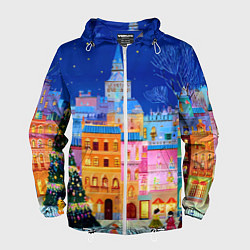 Ветровка с капюшоном мужская Разноцветные новогодние домики, цвет: 3D-белый