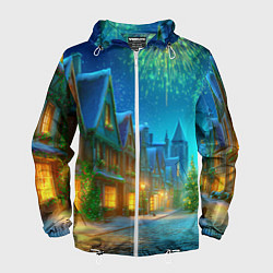 Ветровка с капюшоном мужская Праздничный новогодний салют, цвет: 3D-белый