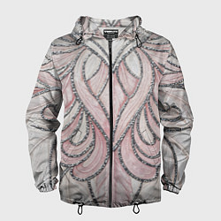 Ветровка с капюшоном мужская Нежно розовый орнамент из перьев, цвет: 3D-черный