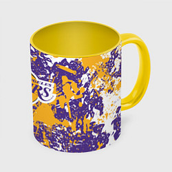 Кружка 3D LAKERS ФИРМЕННЫЕ ЦВЕТА БРЫЗГИ КРАСОК LA, цвет: 3D-белый + желтый