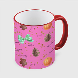 Кружка цветная Розовый принт к любому зимнему празднику, с позити