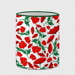 Кружка 3D Цветы Красные Маки на белом фоне, цвет: 3D-зеленый кант — фото 2