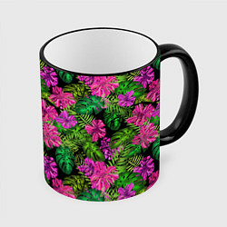 Кружка 3D Тропические листья и цветы на черном фоне, цвет: 3D-черный кант