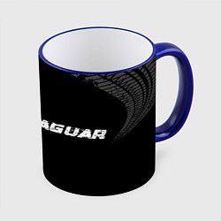 Кружка 3D Jaguar Speed на темном фоне со следами шин, цвет: 3D-синий кант