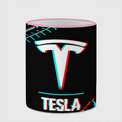 Кружка 3D Значок Tesla в стиле Glitch на темном фоне, цвет: 3D-розовый кант — фото 2