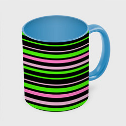 Кружка 3D Полосаты узор в зелено-розовых оттенках на черном, цвет: 3D-белый + небесно-голубой