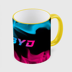 Кружка 3D BYD - neon gradient: надпись и символ, цвет: 3D-желтый кант