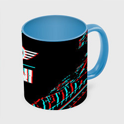 Кружка 3D Значок Mini в стиле glitch на темном фоне, цвет: 3D-белый + небесно-голубой