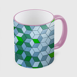 Кружка 3D Зелёные и серые абстрактные кубы с оптической иллю, цвет: 3D-розовый кант