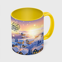 Кружка 3D Новогодняя елочка в деревне, цвет: 3D-белый + желтый