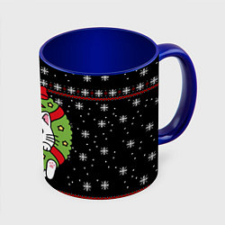 Кружка 3D Рождественский венок с котиком, цвет: 3D-белый + синий