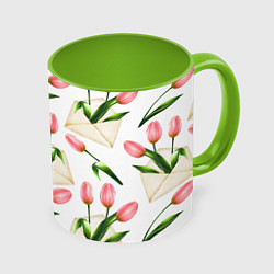 Кружка 3D Тюльпаны в конвертах - паттерн, цвет: 3D-белый + светло-зеленый