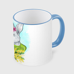 Кружка 3D Весенний кролик с букетом цветов, цвет: 3D-небесно-голубой кант