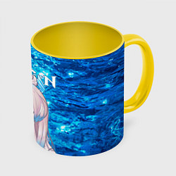 Кружка 3D Кокоми на фоне воды, цвет: 3D-белый + желтый