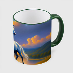 Кружка 3D Белая лошадь на рассвете, цвет: 3D-зеленый кант