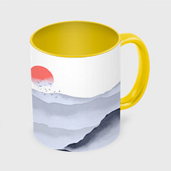 Кружка 3D Японский пейзаж - восход солнца, цвет: 3D-белый + желтый