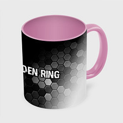 Кружка 3D Elden Ring glitch на темном фоне: надпись и символ, цвет: 3D-белый + розовый