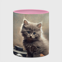 Кружка 3D Серый котенок, винтажное фото, цвет: 3D-белый + розовый — фото 2