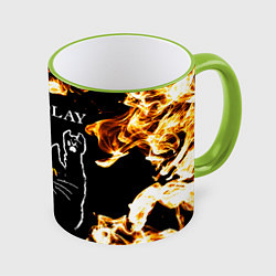 Кружка 3D Coldplay рок кот и огонь, цвет: 3D-светло-зеленый кант