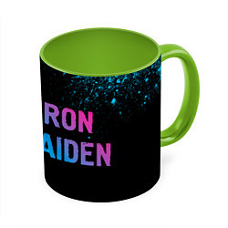 Кружка 3D Iron Maiden - neon gradient: надпись и символ, цвет: 3D-белый + светло-зеленый