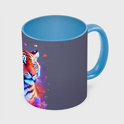 Кружка 3D Тигр и краски - нейросеть, цвет: 3D-белый + небесно-голубой