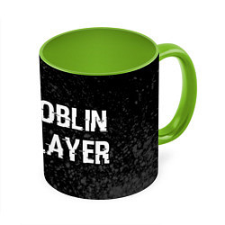 Кружка 3D Goblin Slayer glitch на темном фоне: надпись и сим, цвет: 3D-белый + светло-зеленый