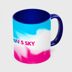 Кружка 3D No Mans Sky neon gradient style: надпись и символ, цвет: 3D-белый + синий