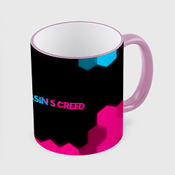 Кружка 3D Assassins Creed - neon gradient: надпись и символ, цвет: 3D-розовый кант