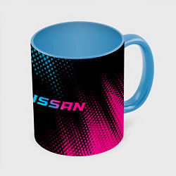 Кружка 3D Nissan - neon gradient: надпись и символ, цвет: 3D-белый + небесно-голубой