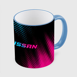 Кружка 3D Nissan - neon gradient: надпись и символ, цвет: 3D-небесно-голубой кант